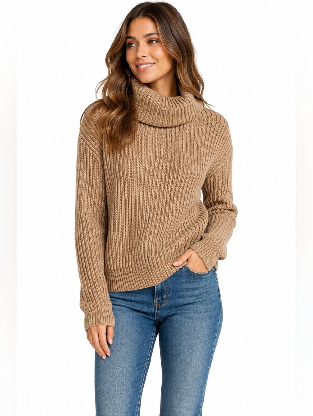 One Grey Day Tan Ribbed Cowl Neck Sweater Cotton Cashmere Blend, Size Large NEW